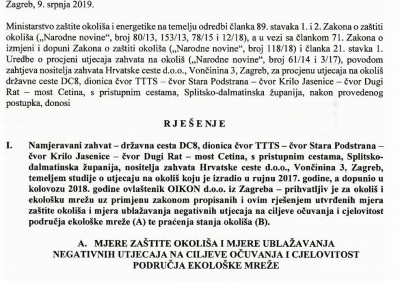 Buduća državna cesta TTTS-Omiš prihvatljiva za okoliš i ekološku mrežu.